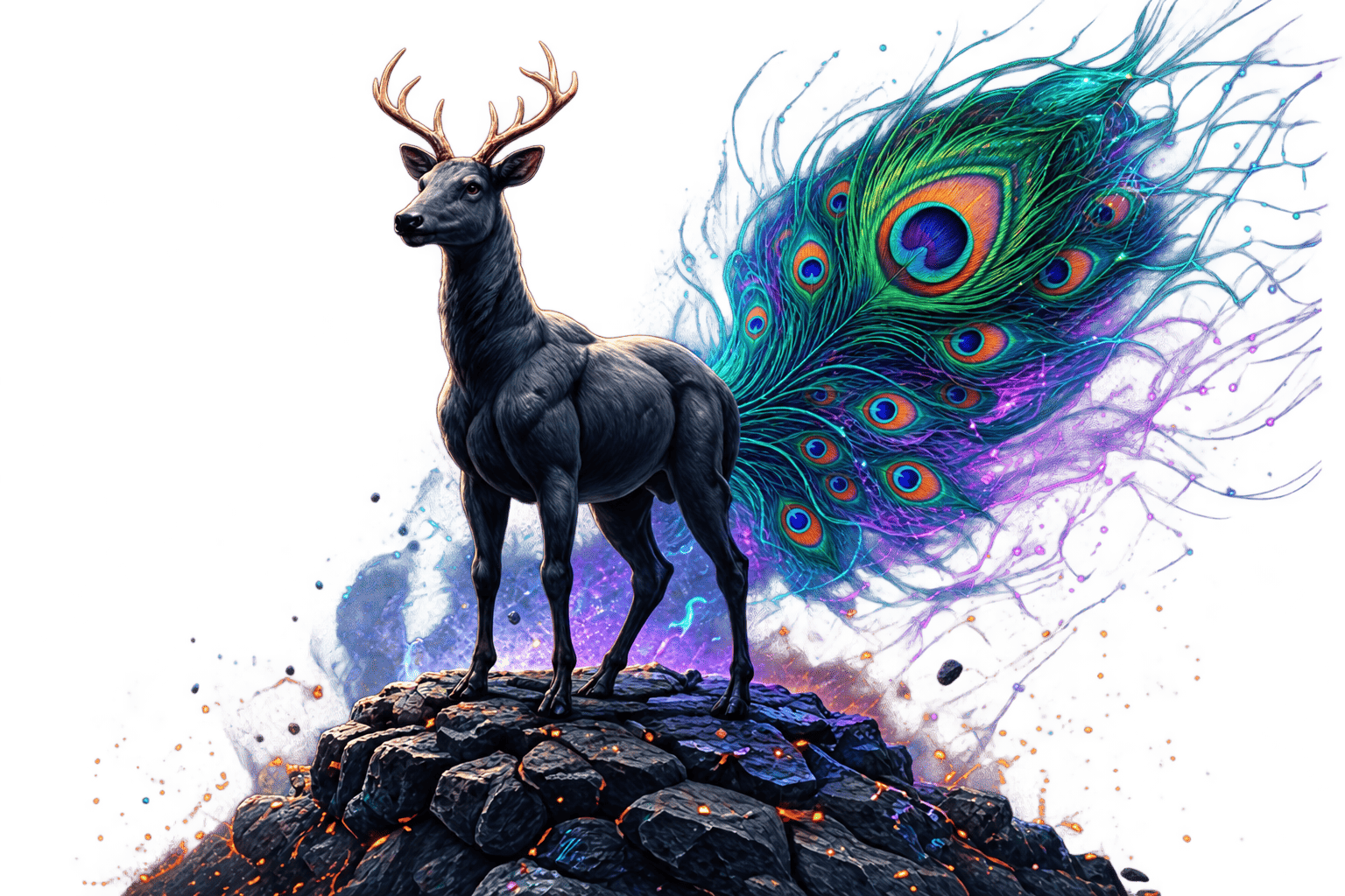 Majestic deer and peacock feather artwork
